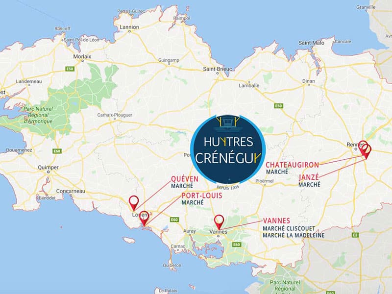 Carte Bretagne et marchés Huîtres Crénéguy.